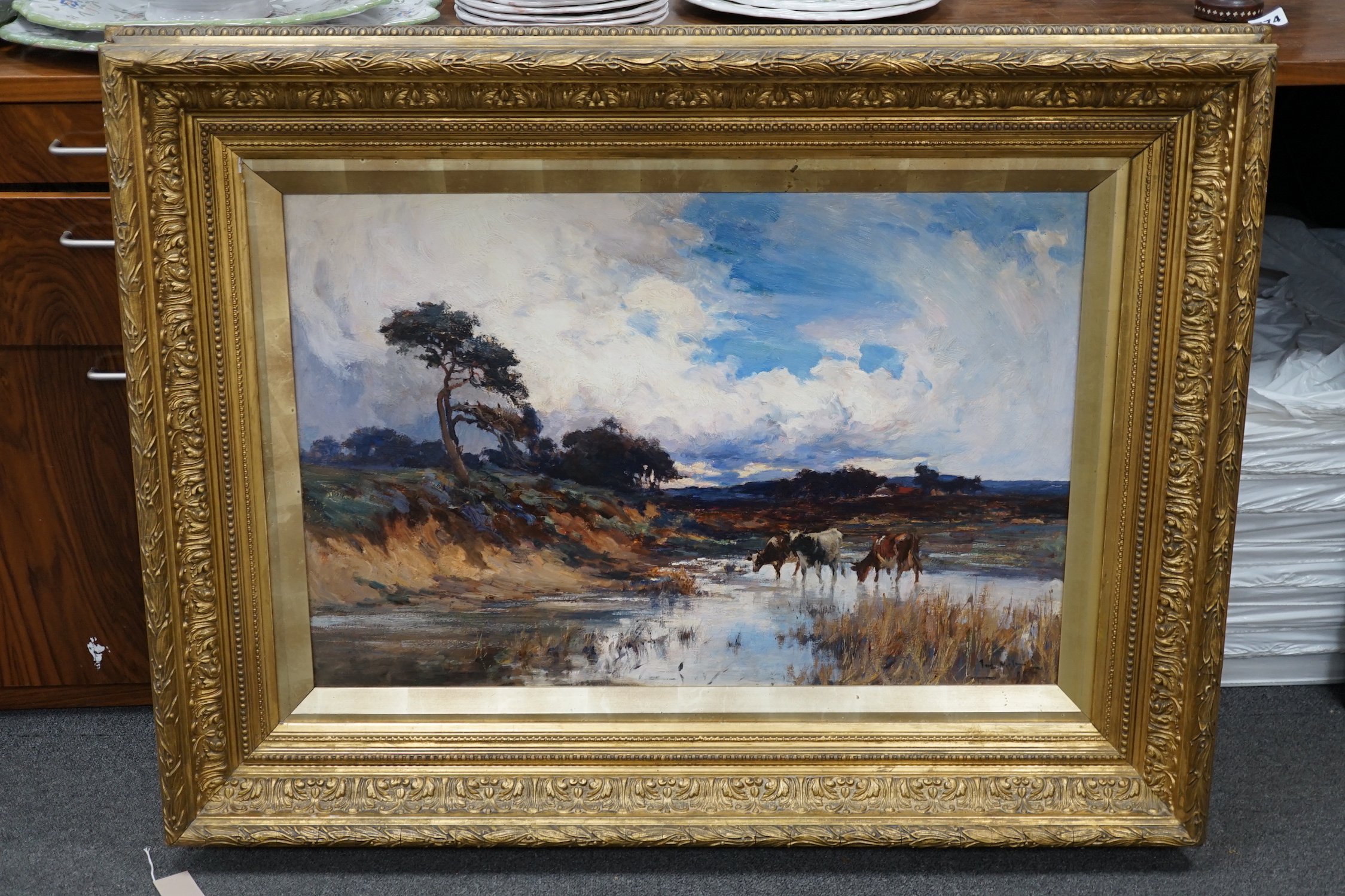 Joseph Milne (1859-1911) oil on canvas, Cattle in a river landscape, signed, 49 x 75cm, ornate gilt framed